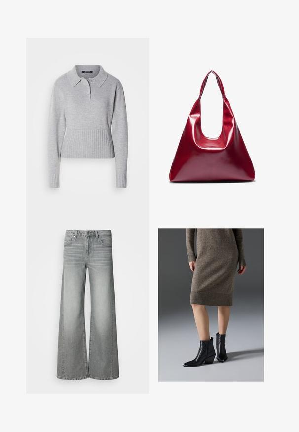 Grå strikket sweater med krave, tre knapper og ribbet kant. Har lange ærmer og en blød tekstur.; Højtbuxede grå vide jeans med frontknap og lynlås, for- og baglommer, vist på en ensfarvet hvid baggrund.; Sorte læder ankelstøvler med spidse tæer, en kraftig hæl og zigzag-stikningsdetaljer, parret med en ribbet, brun strik kjole.; Rød blank lædertaske med en trekantet form, bred åbning foroven og et enkelt buet håndtag. Glat tekstur med minimale sømdetaljer.