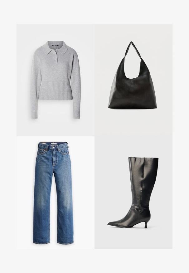 Suéter gris de punto con un cuello tipo camisa, tres botones y dobladillo acanalado. Presenta mangas largas y una textura suave.; Vaqueros de mezclilla azul claro con cintura alta, diseño de pierna ancha, estilo clásico de cinco bolsillos y un sutil desgaste en la tela.; Bota negra de cuero hasta la rodilla, con punta afilada y tacón bajo tipo kitten, mostrada sobre un fondo claro y sencillo.; Bolso de hombro de cuero negro liso con una correa ancha y única y un diseño desenfadado y minimalista sobre un fondo sencillo.