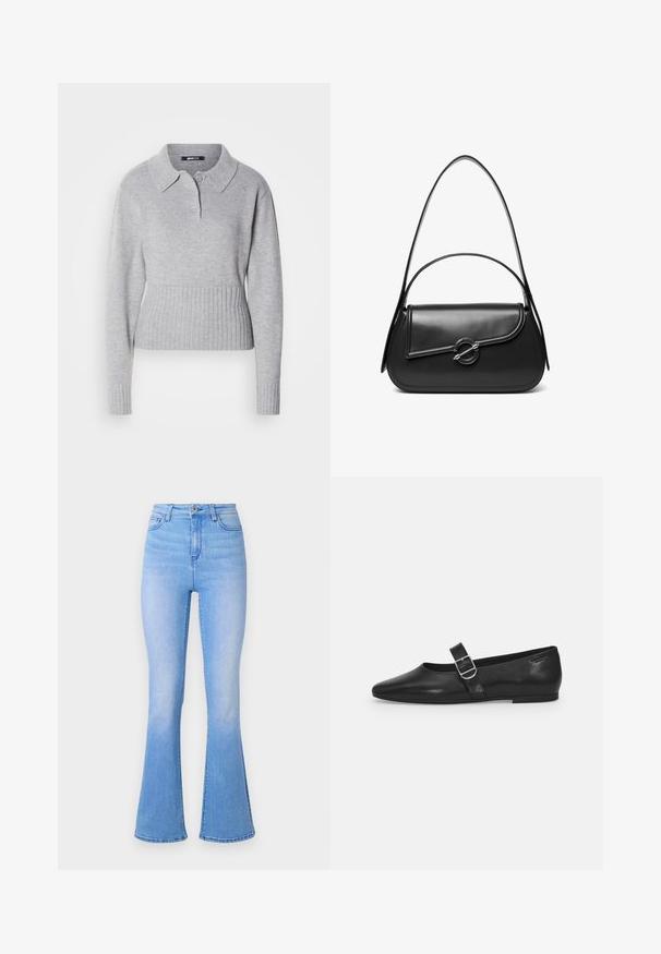 Grijze gebreide trui met een kraagnek, drie knopen en een geribde zoom. Voorzien van lange mouwen en een zachte textuur.; Lichtblauwe flare jeans met hoge taille, gemaakt van denim. Heeft een gladde textuur en een subtiele vervaging naar de zoom toe. Klassiek ontwerp met vijf zakken.; Zwarte leren platte schoen met een ronde neus, een enkele verstelbare gespsluiting en een gladde, glanzende textuur. Minimalistisch ontwerp met een lage hak.; Zwarte leren schoudertas met een gebogen klep die is bevestigd met een ronde metalen sluiting en een smalle, verstelbare band.