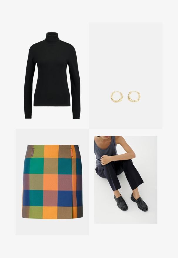 Sort turtle-neck sweater lavet af glat strikstof. Har lange ærmer og en tætsiddende pasform, med ribbet hals og kantdetaljer.; Multifarvet nederdel med et iøjnefaldende ternet mønster med orange, grønne, blå og brune firkanter. Designet med lige snit og sidde accenter.; Sorte læderloafers med teksturerede detaljer, lav hæl, rund tå og synlige syninger. Modellen bærer mørke bukser og en grå top.; Guld hoops øreringe med en tekstureret, ujævn overflade. Har et let design og cirkulær form, egnet til hverdagsbrug.