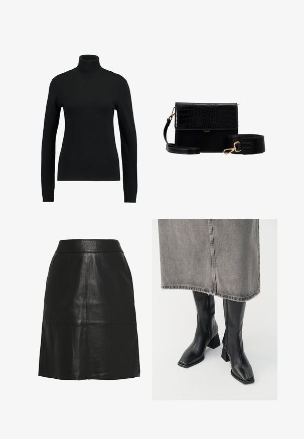 Sort turtle-neck sweater lavet af glat strikstof. Har lange ærmer og en tætsiddende pasform, med ribbet hals og kantdetaljer.; Sort nederdel i imiteret læder med A-form, høj talje og synlige sømdetaljer hen over fronten og nær nederste kant.; Sorte knæhøje støvler i glat læder med firkantet tå og blokeret hæl. Båret med en grå denimnederdel med flosset kant.; Sort faux læder crossbody taske med krokodillestruktur, guldhardware og en aftagelig rem. Har klaplukning og indvendigt rum.