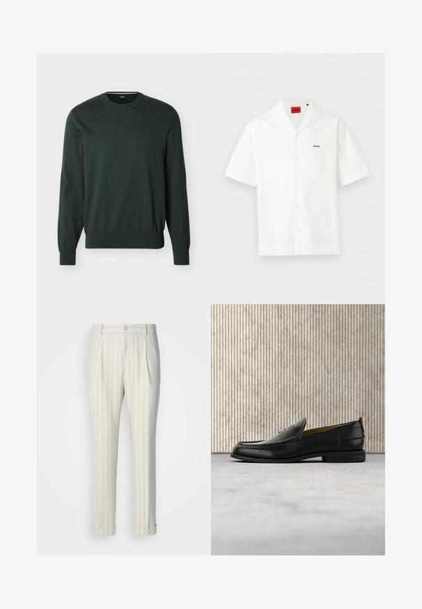 Pull vert foncé à manches longues avec col rond, poignets et ourlet côtelés, petit logo "BOSS" noir brodé sur la poitrine gauche.; Chemise blanche à manches courtes avec col ouvert, petit logo "HUGO" sur la poitrine et étiquette de marque rouge à l'intérieur du col.; Pantalons plissés en tissu léger, avec une base crème et de fines rayures verticales bleues. Ourlets à revers et un bouton à l'avant.; Mocassin pour homme en cuir noir avec un dessus embossé effet croco et un petit talon, présenté de profil sur un fond neutre.