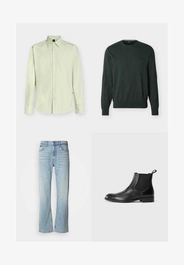 Pull vert foncé à manches longues avec col rond, poignets et ourlet côtelés, petit logo "BOSS" noir brodé sur la poitrine gauche.; Chemise boutonnée à manches longues vert clair avec col et logo discret « BOSS » sur la poitrine, présentée sur un fond uni.; Jeans en denim bleu clair avec une coupe droite, dotés de cinq poches, d'une fermeture à bouton et d'une légère décoloration sur le tissu.; Bottine en cuir noir avec des panneaux latéraux élastiques, bout rond et tirette. Texture lisse, semelle plate, design minimaliste.