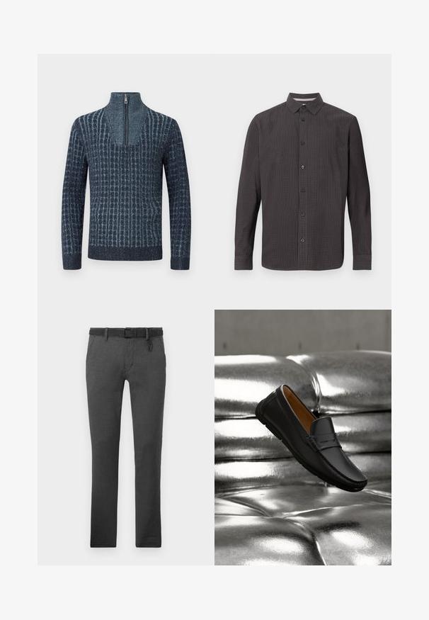 Pull en tricot bleu foncé avec une texture à motifs, doté d'un col montant et d'une demi-fermeture éclair à l'avant. Manches longues et ourlet côtelé.; Chemise à manches longues à carreaux sombres. Présente un col classique, une poche avant et des boutons noirs. Fabriquée en tissu léger.; Pantalons gris foncé en tissu texturé, dotés d'une ceinture noire, de passants de ceinture et de deux poches latérales. Design à jambe droite, sans motifs visibles.; Mocassin en cuir noir flottant au-dessus d’un canapé en cuir argenté brillant capitonné avec un éclairage doux.