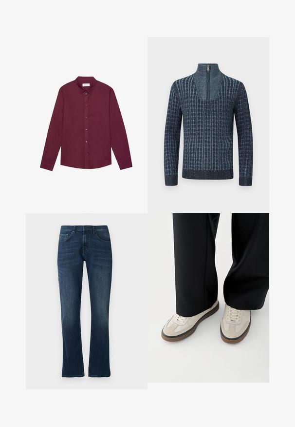 Strikket sweater i mørkeblå med et mønstret tekstur, udstyret med høj hals og en halv lynlås foran. Lange ærmer og ribbet kant.; Langærmet skjorte i dyb bourgogne, lavet af bomuldsblanding. Har klassisk krave, frontknaplukning og en subtil glans.; Mørkeblå bell-bottom jeans med standard fem-lomme-design, der har en forreste knaplukning og subtil falmning på lårene, lavet af denimstof.; Fødder iført beige sneakers med brune såler og sorte bukser med vide ben på hvid baggrund.