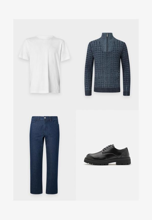 Pull en tricot bleu foncé avec une texture à motifs, doté d'un col montant et d'une demi-fermeture éclair à l'avant. Manches longues et ourlet côtelé.; T-shirt blanc à manches courtes en coton doux, avec un col rond et un détail logo en relief discret sur la poitrine gauche.; Jean droit bleu foncé avec poches avant, passants de ceinture, et fermeture à bouton métallique à la taille sur un fond uni.; Chaussures en cuir noir avec un bout rond, un laçage et une semelle en caoutchouc épaisse et texturée. Présente des coutures le long du bord et une finition lisse.