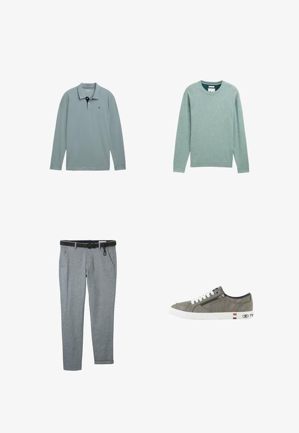 Lys grøn sweater lavet af blødt stof, med rund hals, lange ærmer og ribbede manchetter og kant. Lille logo på brystet.; Langærmet polo-shirt i lys blå med en kontrastfarvet navy krave. Cotton materiale, med et lille logo på venstre bryst. Klassisk pasform.; Grå vævede bukser med et sort bælte, der har sidelommer og opsmøgede ankler. Stoffet har en subtil tekstur og klassisk pasform.; Grå lavtop-sneaker med hvide snørebånd, sidelås og hvid sål med røde, hvide og blå striber samt Tom Tailor-branding.