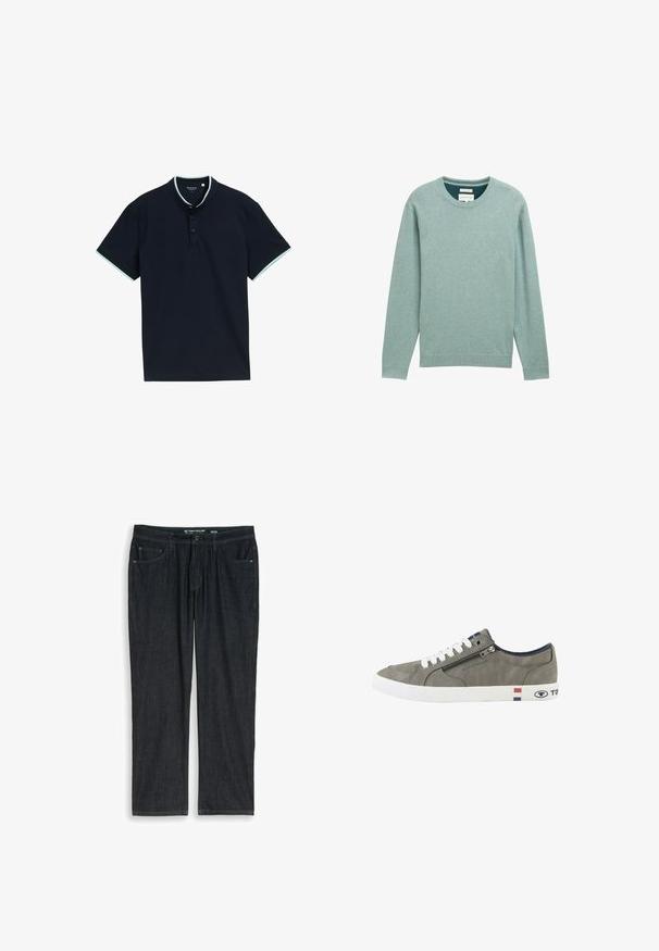Lys grøn sweater lavet af blødt stof, med rund hals, lange ærmer og ribbede manchetter og kant. Lille logo på brystet.; Marineblå polo t-shirt med tekstureret stof, der har en stående krave, tre knapper og lyseblå detaljer på kraven og ærmerne.; Mørkeblå straight-leg jeans med forlommer, bæltestropper, knaplukning og størrelsesmærke 32/32 fra Tom Tailor.; Grå lavtop-sneaker med hvide snørebånd, sidelås og hvid sål med røde, hvide og blå striber samt Tom Tailor-branding.