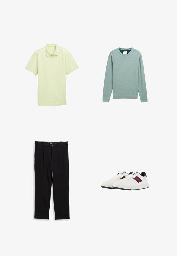 Lys grøn sweater lavet af blødt stof, med rund hals, lange ærmer og ribbede manchetter og kant. Lille logo på brystet.; Lys grøn polo shirt, korte ærmer, blødt stof, to-knappers lukning, hvid stribe-detaljering på krave og ærmekanter. Simpelt logo foran.; Sorte bukser lavet af blødt stof, med en løs pasform, to frontlommer og en knaplukning med en lille talje.; TOM TAILOR Sneakers - white navy