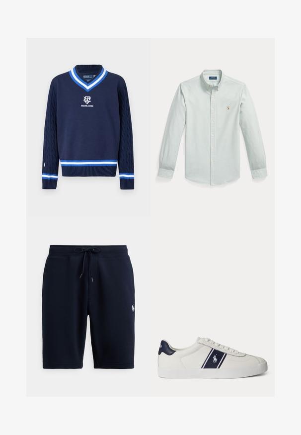 Jersey azul marino con cuello en V, mangas de punto trenzado, ribete blanco y azul a rayas y logo de Wimbledon bordado en el pecho.; Camisa de manga larga azul claro con botones en toda la parte delantera, cuello abotonado y pequeño logo bordado en el pecho izquierdo.; Pantalones cortos deportivos de algodón azul marino con cintura elástica, cordón y detalle de logo en el lado izquierdo. Textura suave, longitud hasta la rodilla.; Zapatilla blanca de corte bajo con franja azul marino y logo en el lateral y lengüeta en el talón azul marino, suela plana blanca y cordones blancos.