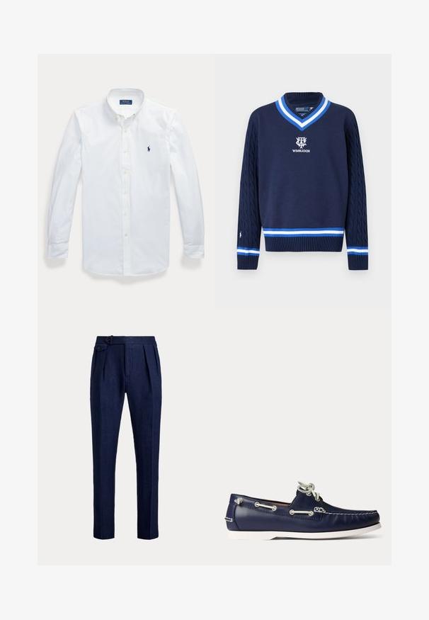 Marineblauwe V-hals trui met kabelgebreide mouwen, wit-blauwe gestreepte rand en Wimbledon-logo op de borst geborduurd.; Wit overhemd met lange mouwen en knopen, met kraag, Polo Ralph Lauren-logo geborduurd op de linkerborst.; Marineblauwe op maat gemaakte broek met voorplooien en een geknoopte verstelbare zijriem op de tailleband.; Marineblauwe leren boot schoen met witte veters en stiksels, voorzien van een witte rubberen zool en metalen veteroogjes op een lichte achtergrond.
