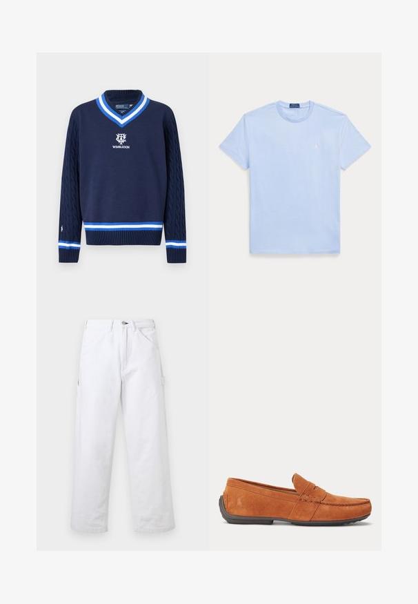 Marineblå V-hals sweater med kabelstrikkede ærmer, hvid og blå stribet kant og Wimbledon-logo broderet på brystet.; Lyseblå kortærmet t-shirt med rund halsudskæring med lille hvidt broderet logo på venstre bryst og et blåt mærke indeni kraven.; Hvide bukser med højtaljet, lige ben, bæltestropper, forlommer, knaplukning og en sidelomme til værktøj på en ensfarvet baggrund.; Brun herre loafer i ruskind med syningdetaljer, en penny-lomme på overdelen og en mørk gummisål.