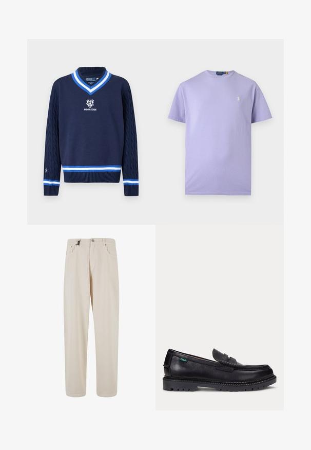 Marineblauer V-Ausschnitt-Pullover mit kabelgestrickten Ärmeln, weiß-blau gestreiftem Besatz und Wimbledon-Logo auf der Brust bestickt.; Hellviolettes T-Shirt mit kurzen Ärmeln und Rundhalsausschnitt mit kleinem weiß besticktem Polo Ralph Lauren Logo auf der linken Brust.; Beige Baumwollhose mit geradem Bein, ausgestattet mit Vorderwärtstaschen und einem Knopfverschluss. Glatte Textur mit minimaler Detailierung.; Schwarzer Lederloafer mit dicker Profilsohle und kleinem grünen "Polo"-Etikett an der Außenseite nahe der Ferse.