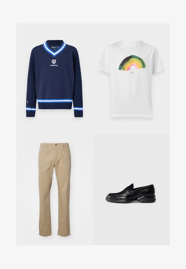 Marineblå V-hals sweater med kabelstrikkede ærmer, hvid og blå stribet kant og Wimbledon-logo broderet på brystet.; Hvid T-shirt med korte ærmer med en akvarellignende regnbue i nuancer af grøn, gul og pink centreret på brystet.; Beige chinos med lige ben design, lavet af bomuldsstof, med en enkelt frontknap og standard talje med bæltesløjfer.; Sorte læder loafers med en lav, tekstureret gummisål og et syet design på overdelen. Har en rund tå og minimale udsmykninger.