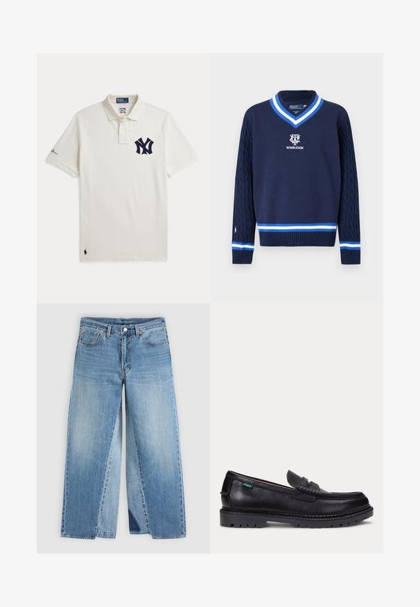 Jersey azul marino con cuello en V, mangas de punto trenzado, ribete blanco y azul a rayas y logo de Wimbledon bordado en el pecho.; Camiseta polo blanca con logo de los New York Yankees en azul marino en el pecho, pequeño emblema de Polo Ralph Lauren cerca del dobladillo, y firma en la manga izquierda.; Vaqueros de mezclilla azul con pierna recta, diseño clásico de cinco bolsillos y cierre frontal con botones, mostrados planos sobre un fondo neutro.; Mocasín de cuero negro con suela gruesa estriada y pequeña etiqueta verde "Polo" en el lado exterior cerca del talón.