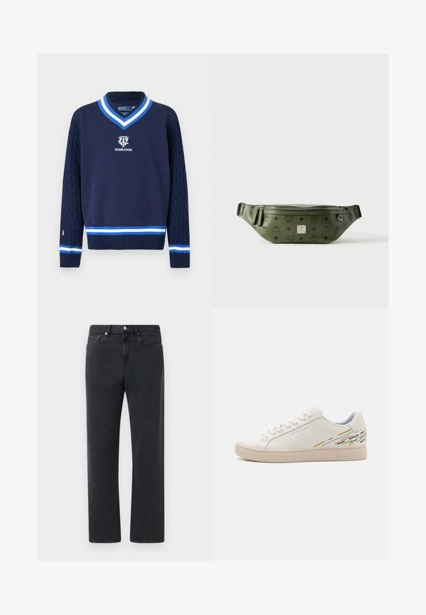 Pull bleu marine col V avec manches en maille torsadée, bordure rayée blanche et bleue, et logo de Wimbledon brodé sur la poitrine.; Jeans en denim noir avec une coupe droite, cinq poches et des accents en métal. Le tissu présente une finition lisse et légèrement texturée.; Baskets en cuir blanc avec une texture lisse, présentant des motifs de lignes colorées au niveau du talon et une semelle en caoutchouc beige.; Sac banane en cuir texturé vert olive avec logos noirs, fermeture éclair argentée, doubles tirettes et plaque de marque centrale argentée.