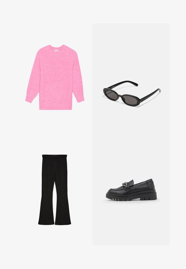 Lyserød strikket sweater med rund hals, lange ærmer og ribbede manchetter. Teksturstof med et subtilt meleret mønster.; Sorte flared leggings lavet af strækbart stof. Har en bred talje og en glat tekstur, med en tætsiddende silhuet der bredder sig ved sømmen.; Sort loafersko med en kraftig platformsål, glat læderoverdel, dekorativ kædeaccent og let hæl med notched detalje.; Even&Odd Solbriller - black