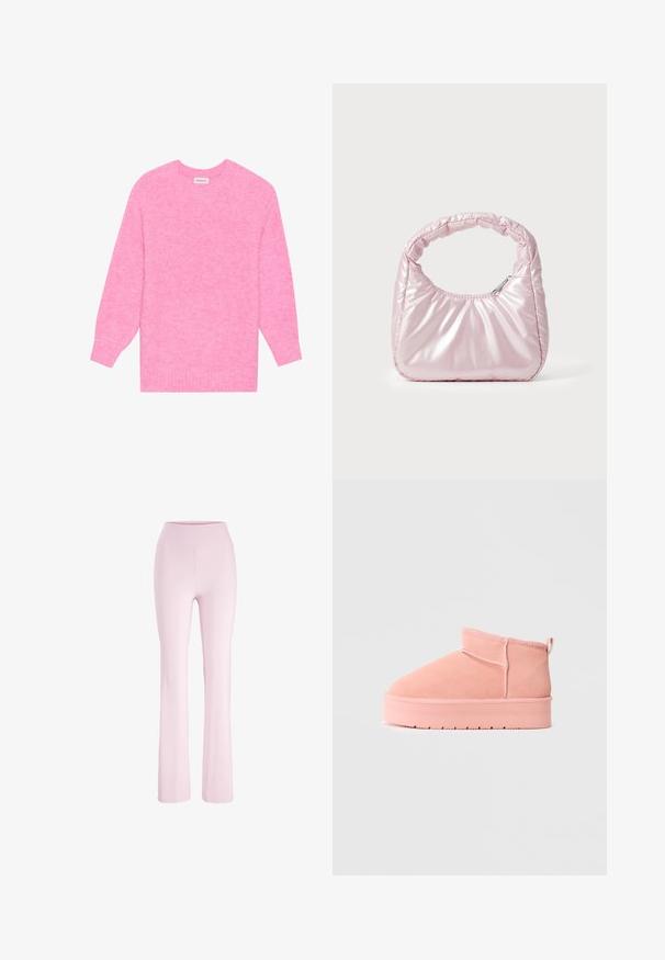 Lyserød strikket sweater med rund hals, lange ærmer og ribbede manchetter. Teksturstof med et subtilt meleret mønster.; Lyserøde yoga bukser med høj talje med tætsiddende pasform over lårene og let udvidede ben, vist på en hvid baggrund.; Lyserød ruskindsankelstøvle med flad platformsoled, syet detalje og trækstrop på ensfarvet lys grå baggrund, set fra siden.; Rosa, polstret håndtaske med afrundet design, lavet af skinnende materiale. Har et samlet håndtag og en lynlås til sikker adgang.
