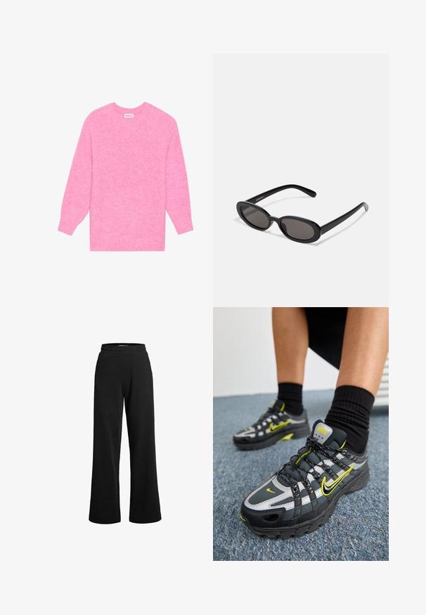 Jersey de punto rosa con cuello redondo, mangas largas y puños acanalados. Tejido texturizado con un sutil patrón jaspeado.; Pantalones deportivos negros de pierna ancha, fabricados con un tejido suave. Cuentan con una cinturilla elástica y costuras mínimas para mayor comodidad.; Zapatillas deportivas en negro y gris con acentos reflectantes plateados, paneles de malla texturizada y detalles en amarillo brillante. Diseño con cordones y suela estructurada.; Even&Odd Gafas de sol - black