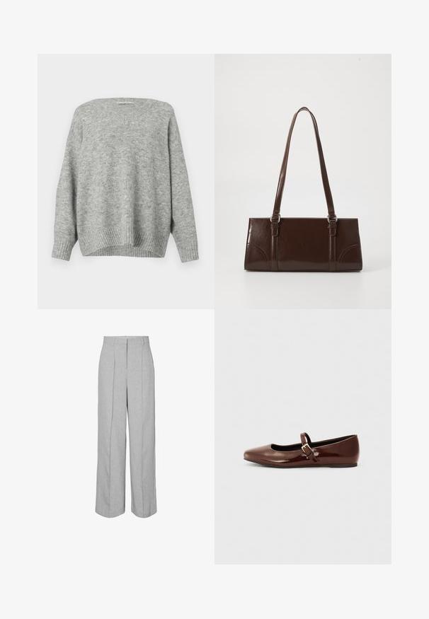 Pull en tricot gris avec un décolleté en V, des épaules tombantes et un ourlet côtelé. Sa texture douce et sa coupe décontractée accentuent le confort et le style informel.; Pantalon large taille haute gris clair avec plis marqués à l'avant et passants pour ceinture, conçu pour une tenue formelle ou professionnelle.; Ballerine en cuir verni marron avec un bout carré et une lanière ornée d'une petite boucle dorée. Texture lisse, talon bas et design minimaliste.; Sac à main en cuir verni marron de forme rectangulaire, avec deux longues poignées et des accents courbés subtils à l'avant.