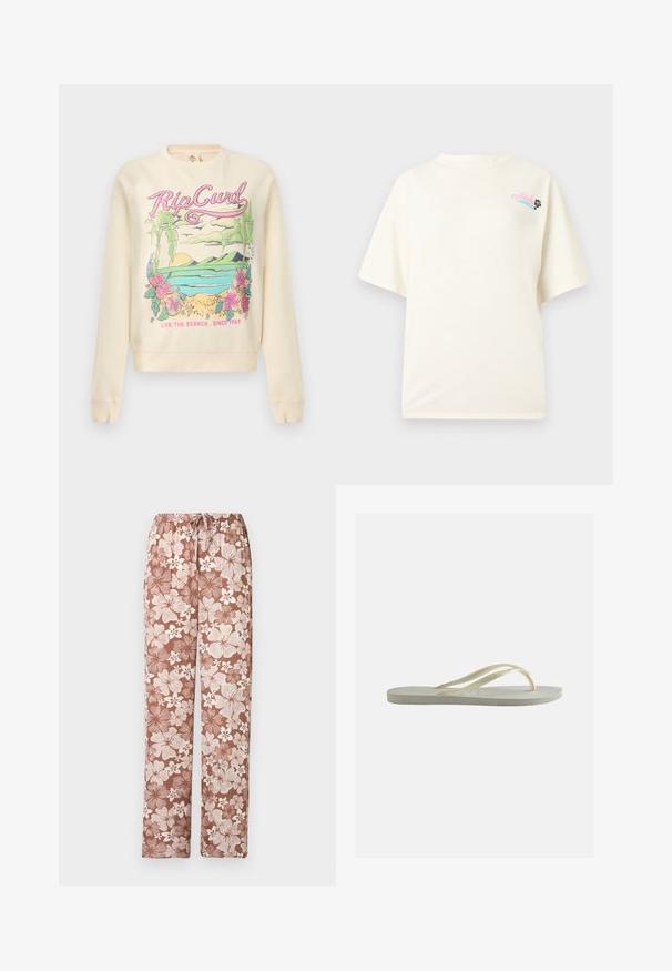 Sweat-shirt crème avec une scène tropicale colorée, texte "Rip Curl", palmiers, fleurs, océan et slogan "Live the Search. Since 1969".; T-shirt à manches courtes de couleur crème avec un petit texte rose « Aloha » et un motif de fleur d'hibiscus noire sur la partie supérieure gauche de la poitrine.; Pantalon marron à cordon avec un grand motif floral blanc et marron clair, coupe droite, présenté sur un fond blanc.; Tongs en caoutchouc blanc cassé, à bride fine et semelle texturée, vues de côté sur un fond uni.