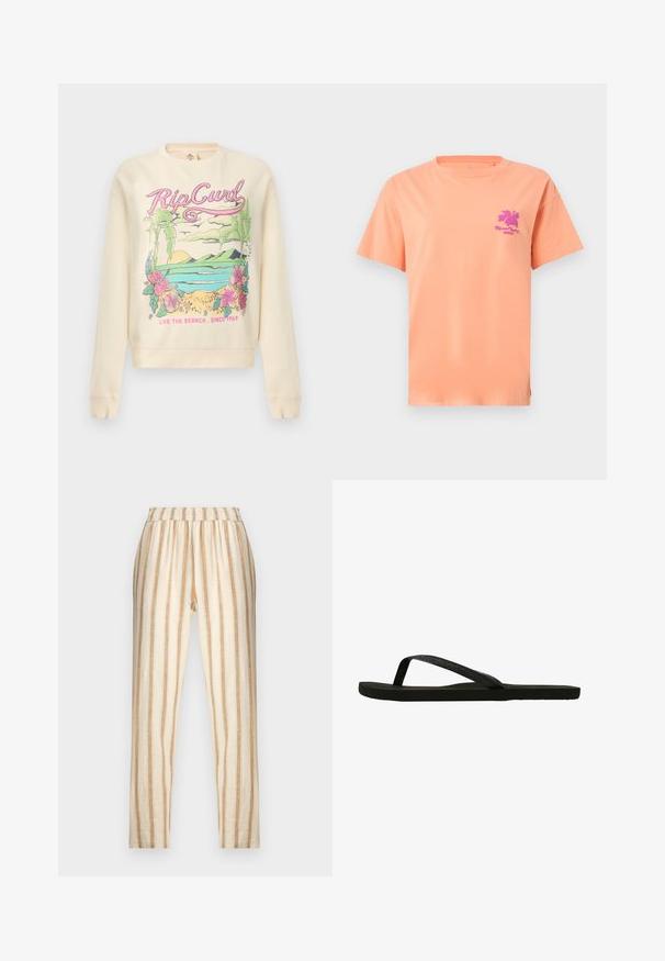 Krémová mikina s farebnou tropickou scénou, textom „Rip Curl“, palmami, kvetmi, oceánom a sloganom „Live the Search. Since 1969“.; Broskyňové tričko s krátkym rukávom a guľatým výstrihom, s malým fialovým kvetom ibišteka a kurzívnym textom na ľavej strane hrudníka.; Nohavice s vysokým pásom s vertikálnymi béžovými a bielymi pruhmi, elastickým pásom a strihom s rovnými nohavicami, zobrazené na bielom pozadí.; Čierne žabky s textúrovaným popruhom a plochou podrážkou. Popruh má jemný lesk. Jednoduchý dizajn, ľahké a flexibilné tvar.