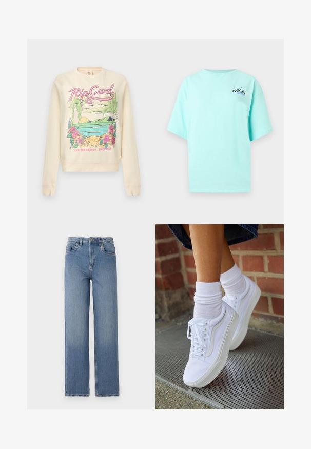 Cremefarbener Sweatshirt mit bunter tropischer Szenerie, "Rip Curl" Schriftzug, Palmen, Blumen, Ozean und dem Slogan "Live the Search. Since 1969".; Hellblaues T-Shirt mit kurzen Ärmeln, auf der linken Brust mit dem Schriftzug "Aloha", einer Wellen-Grafik und einer kleinen weißen Blume.; Hochgeschnittene blaue Jeans mit geradem Bein. Verfügt über ein klassisches Fünf-Taschen-Design und dezente Ausbleichungen auf der Vorderseite.; Weiße Leinensneaker mit Gummisohlen, ausgestattet mit sechs Ösen, runder Zehenpartie und dezenten Nähten, kombiniert mit weißen Knöchelsocken.