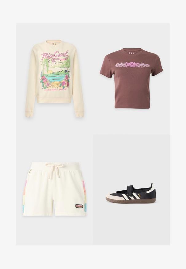 Sweat-shirt crème avec une scène tropicale colorée, texte "Rip Curl", palmiers, fleurs, océan et slogan "Live the Search. Since 1969".; T-shirt marron court avec manches courtes, présentant une rangée horizontale de fleurs d'hibiscus roses et le nom de la marque Roxy au-dessus du motif.; Shorts écru avec cordon de serrage, taille côtelée, poches latérales avec panneaux multicolores et petit logo "Rip Curl" sur la jambe avant droite.; Baskets noires et beiges avec une bride en velcro, trois bandes blanches sur le côté, et une semelle en caoutchouc marron texturée. Logo de la marque visible.
