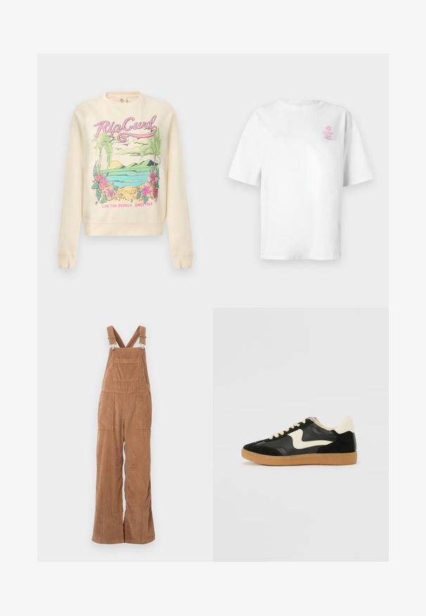 Cremefarvet sweatshirt med farverig tropisk scene, "Rip Curl" tekst, palmer, blomster, ocean og sloganet "Live the Search. Since 1969".; Hvid bomuld t-shirt med korte ærmer, rund halsudskæring, med lille lyserødt "Vacation Club" logo på venstre bryst.; Brune kordfløjs overalls med brede ben, justerbare stropper og forlomme. Blød tekstur med lodret ribbet mønster.; Sorte ruskinds- og lædersneakers med en cremefarvet side-swoosh og lys cremefarvet hæl. Har beige snørebånd og en gummirubber-sål.