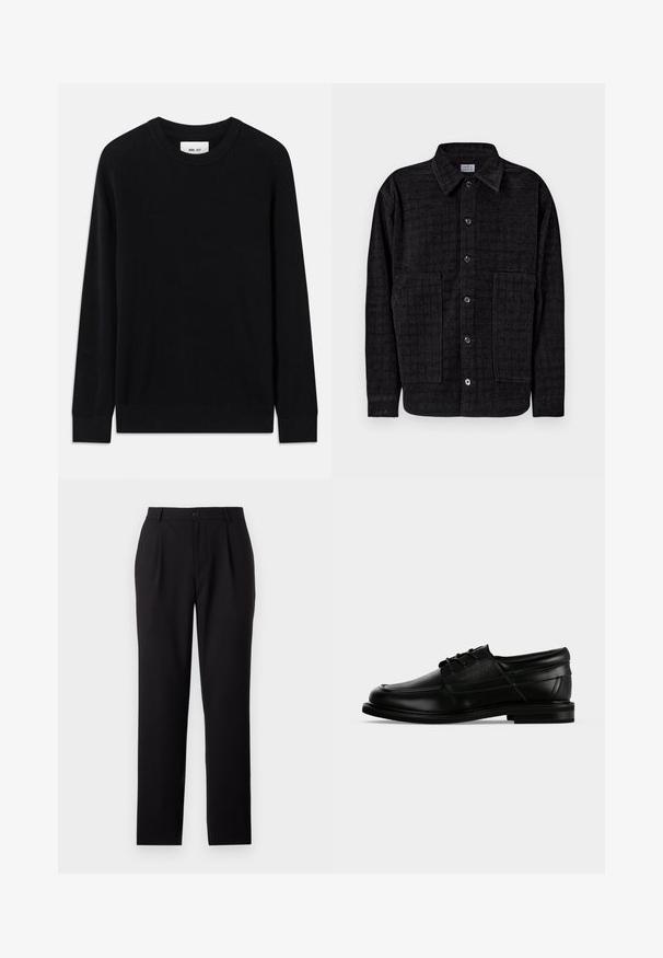 Sort ribbet sweater med rund halsudskæring, lange ærmer og strikket tekstur. Har en lige kant og en subtil brandinglabel indeni.; Sort langærmet skjorte med knapper og to store frontlommer samt krave, vist fladt på en hvid baggrund.; Sorte buksener med straight-leg design, lavet af glat stof. Har frontfolder og en knaplukning i taljen.; Sort læder herresko med snørebånd, lav hæl og præget mærkenavn på siden, vist i sideprofil på hvid baggrund.