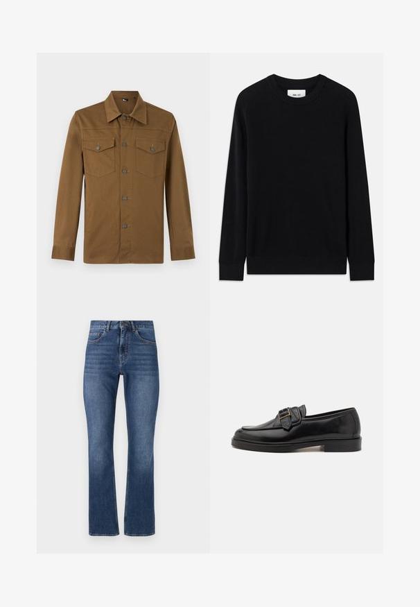 Pull noir à côtes avec un col rond, des manches longues et une texture tricotée. Présente un ourlet droit et une étiquette de marque discrète à l'intérieur.; Chemise marron à manches longues avec col pointu et deux poches poitrine boutonnées, présentée sur fond clair uni.; Jean en denim bleu avec une coupe droite, dotés de poches standard et d'une taille piquée, affichant un lavage moyen et un léger délavage.; Mocassins en cuir noir avec un bout arrondi et une boucle décorative. Talon plat, solide et texture lisse sur l'ensemble.