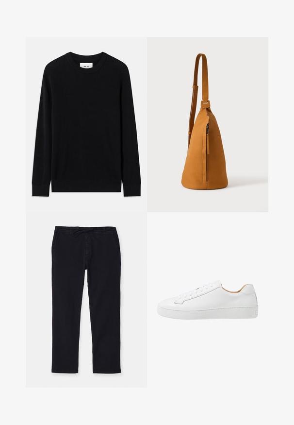 Sort ribbet sweater med rund halsudskæring, lange ærmer og strikket tekstur. Har en lige kant og en subtil brandinglabel indeni.; Sorte bomuldsbukser med lige ben, elastisk talje og snøring. Har sidelommer og et blødt, let struktureret stof.; Hvide lædersneakers med en glat overflade, afrundet tå, flad snørebåndsdesign og en tyk gummisål med et struktureret grebmønster.; Tan læder crossbodytaske med justerbar rem og lodret lynlåslomme, vist fra siden mod en ensfarvet lys baggrund.