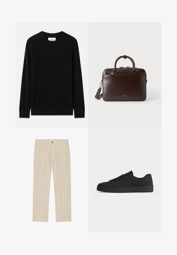 Suéter negro de canalé con cuello redondo, mangas largas y textura de punto. Presenta un dobladillo recto y una etiqueta de marca sutil en su interior.; Pantalones beige de pierna recta con bolsillos delanteros, cierre de botón y cremallera, confeccionados con tejido ligero y texturizado.; Zapatilla deportiva negra de caña baja con diseño de cordones y suela gruesa mostrada de lado sobre un fondo claro y liso.; Maletín de cuero marrón oscuro con dos asas, una correa de hombro desmontable y un pequeño logo frontal sobre un fondo liso.