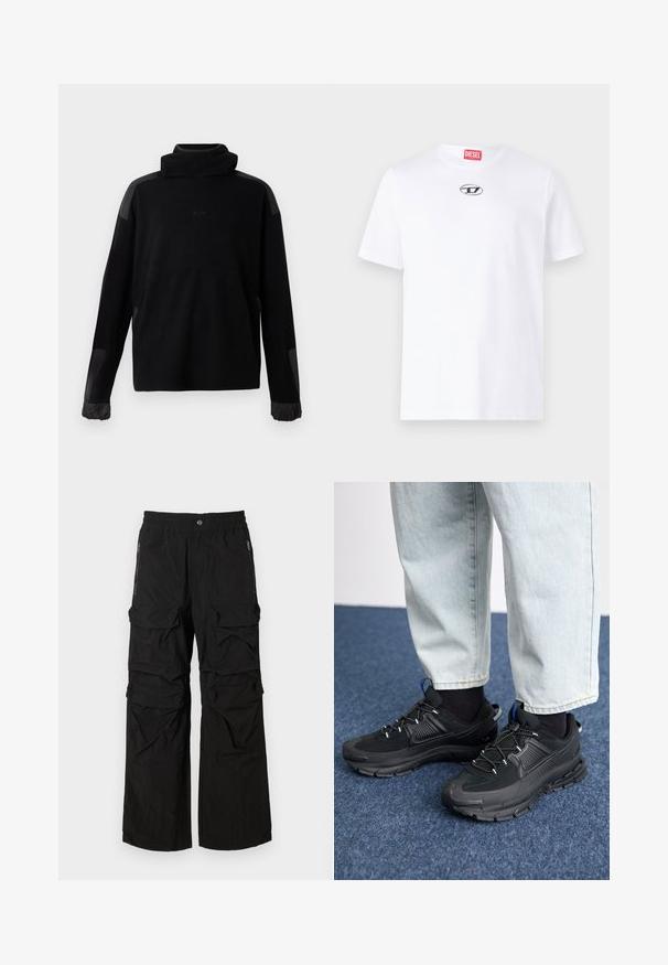 Suéter negro de manga larga con cuello alto, puños elásticos y parches de tela suave en los hombros y las mangas.; Camiseta de algodón blanca con mangas cortas, que presenta un escote redondo y un parche del logo plateado de Diesel en el pecho. Diseño simple, color sólido.; Pantalones cargo negros con una cintura elástica, múltiples bolsillos grandes y bolsillos laterales con cremallera. Fabricados con un tejido ligero y texturizado.; Zapatillas deportivas negras con tejido texturizado y suelas de goma, con cordones elásticos y un acento azul en el talón. Combinadas con pantalones de mezclilla claros.