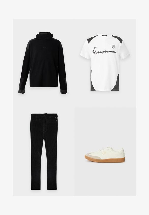 Sort langærmet pullover med høj krave, elastiske manchetter og glatte stoflapper på skuldre og ærmer.; Hvid kortærmet t-shirt med sorte accenter. Har "REPLAY FC" logoet og "Highperformance" teksten i en sporty skrift. Lavet af et glat materiale.; Sorte fløjlsbukser med vertikal ribstruktur, med klassisk knap- og lynlås-lukning, sidelommer og ben med lige snit.; Sneaker lavet af hvid læder med en beige tåhætte og let brunt gummisål. Har flade hvide snørebånd og prægede branding på siden.