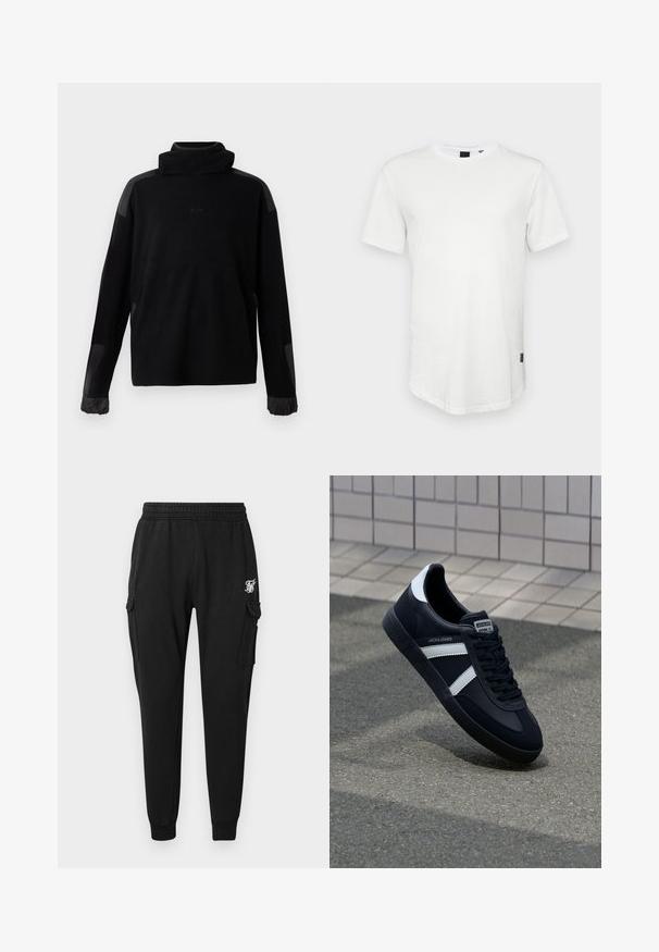Suéter negro de manga larga con cuello alto, puños elásticos y parches de tela suave en los hombros y las mangas.; Camiseta blanca de manga corta hecha de algodón, con un escote redondo y una parte trasera ligeramente alargada, con un pequeño logotipo en el lateral.; Pantalones cargo negros fabricados en un tejido suave, con una cinturilla elástica, bolsillos laterales y un logo discreto en el muslo. Diseño de corte recto.; Zapatilla de cuero negra con rayas blancas, suela de goma texturizada y parte frontal con cordones. Cuenta con una etiqueta de marca en la lengüeta.