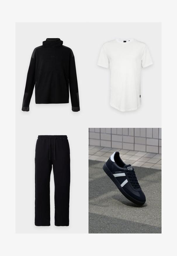 Sort langærmet pullover med høj krave, elastiske manchetter og glatte stoflapper på skuldre og ærmer.; Hvid kortærmet t-shirt lavet af bomuld, med rund halsudskæring og en let forlænget ryg, samt en lille logoaccent på siden.; Sorte sweatpants lavet af bomuld, med elastisk talje og snore, lige ben design, og uden synlige mønstre eller detaljer.; Sort lædersneaker med hvide striber, tekstureret gummisål og snørrebånd foran. Har et brandet mærke på tungen.