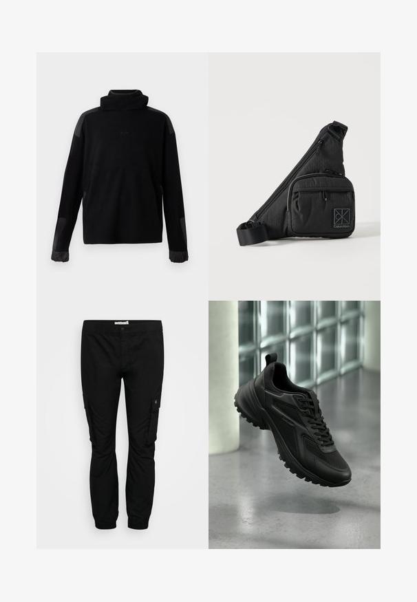 Suéter negro de manga larga con cuello alto, puños elásticos y parches de tela suave en los hombros y las mangas.; Pantalones cargo negros con cintura elástica, piernas ajustadas y bolsillos laterales. Fabricados con tela ligera y de textura suave.; Zapatilla deportiva negra con suela texturizada y cordones, flotando sobre un suelo gris con fondo de pared de bloques de vidrio.; Bolso bandolera negro de Calvin Klein con correa ajustable, bolsillo frontal con cremallera y sutil estampado de logo sobre un fondo liso.