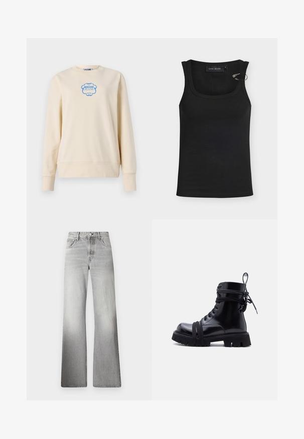 Beige sweatshirt lavet af blødt bomuld, med rund halsudskæring og lange ærmer. Viser et blåt logo i en kunstnerisk ramme i midten.; Sort ribstrikket tanktop med rund halsudskæring, der har en metalaccents på skulderen og et logomærke indvendigt. Blød tekstur.; Grå denim brede ben jeans med høj talje, falmet tekstur, fem lommer og lynlås med knaplukning.; Blank sort kampstøvle med kraftig sål og lange snørebånd, der er viklet omkring anklen og foden, sat mod en ensartet lys baggrund.