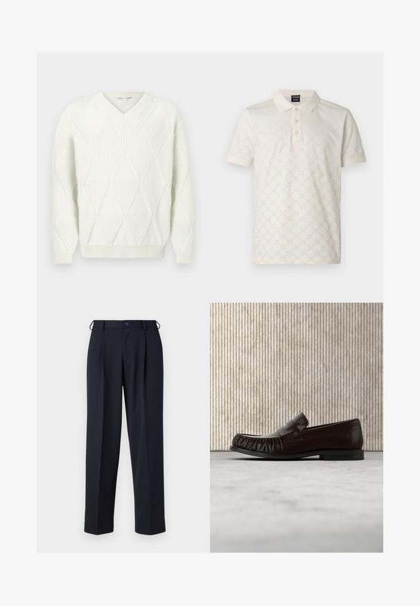 Romig V-hals trui met een ruitpatroon, gebreide textuur, geribbelde manchetten en zoom. De stof lijkt zacht en warm, ideaal voor lagen.; Crèmekleurig poloshirt met een gestructureerd geometrisch patroon, drieknops-placket en zacht katoenmateriaal. Korte mouwen, standaard kraag.; Donkerblauwe op maat gemaakte broek met knoop- en ritsluiting aan de voorkant, riemlussen en zijzakken, getoond op een witte achtergrond.; Donkerbruine leren loafer met gestikte details, zwevend boven een beige tapijt, met op de achtergrond een glanzende amberkleurige ronde tafel.