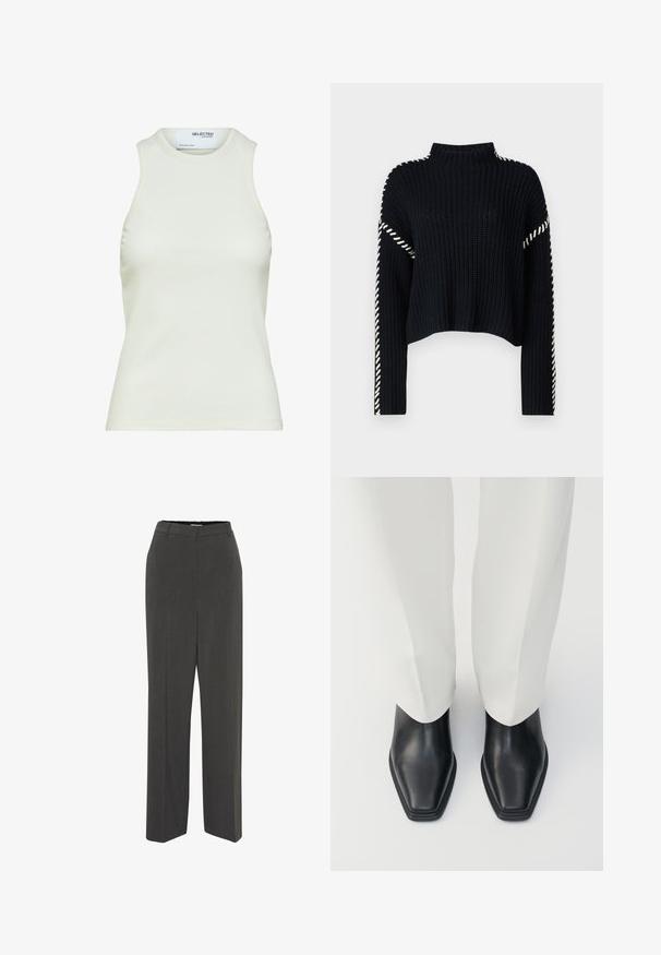 Vero Moda VMNEWCREAM FUNNELNECK PULLOVER - Jersey de punto - black/birch; Camiseta sin mangas blanca acanalada con escote redondo de Selected Femme, mostrando vista frontal sin patrones ni decoraciones.; Pantalones grises de corte entallado con frente plano, diseño de pierna recta, textura suave y sin patrones ni adornos visibles. Ajuste de cintura alta.; Botas de cuero negro hasta el tobillo con punta afilada y un tacón bajo y apilado, combinadas con pantalones blancos de pierna ancha. Textura suave, diseño elegante.