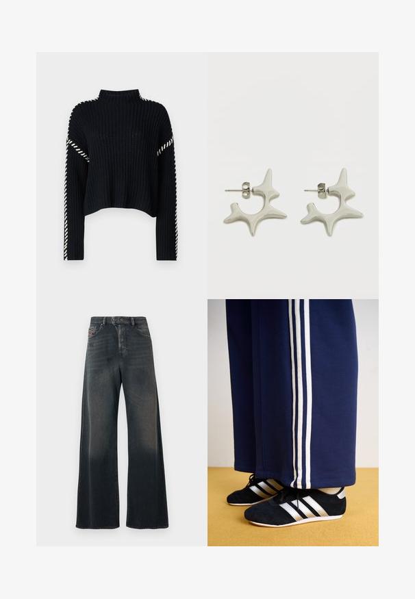 Vero Moda VMNEWCREAM FUNNELNECK PULLOVER - Neule - black/birch; Leveälahkeiset farkut tummansinisestä farkkukankaasta, jossa on hienovarainen haalistunut tekstuuri. Niissä on nappisuljenta ja takataskut, joissa on ompelukoristeet.; Laivastonsiniset collegehousut, joissa on kolme valkoista pystysuoraa raitaa, ja mustat urheilukengät, joissa on hopeiset raidat ja teksturoitu pinta. Keltainen lattia.; Hopeiset korvakorut, joissa on erottuva, abstrakti muotoilu epäsäännöllisillä muodoilla ja kiiltävä pinta. Mukana nappikiinnitys.
