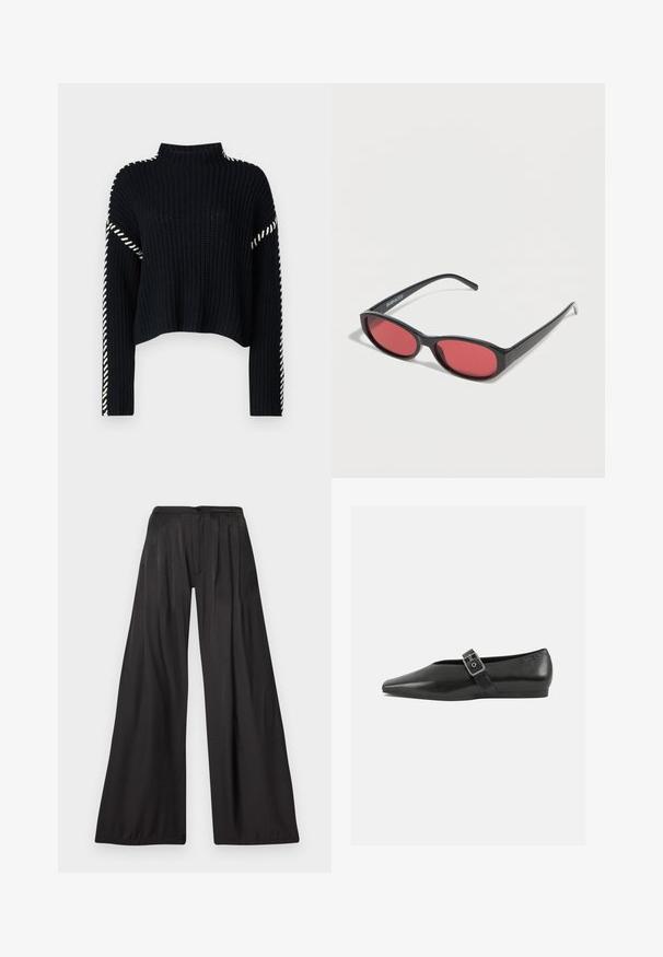 Vero Moda VMNEWCREAM FUNNELNECK PULLOVER - Πουλόβερ - black/birch; Παντελόνια με φαρδιά πόδια φτιαγμένα από λείο μαύρο ύφασμα. Διαθέτουν κάθετες πιέτες, κούμπωμα με κουμπί και ψηλή μέση. Μινιμαλιστικό στυλ.; Μαύρο δερμάτινο παπούτσι φλατ με μυτερή μύτη, διαθέτοντας μια μεταλλική πόρπη που διασχίζει το κέντρο του ποδιού και μια χαμηλή, ευέλικτη σόλα.; Μαύρα οβάλ γυαλιά ηλίου με λεπτούς βραχίονες και κόκκινα φακούς, τοποθετημένα πάνω σε λευκή επιφάνεια.