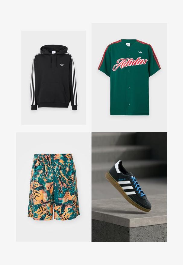 Zwarte hoodie van katoen met een voorzak, wit drie-strepen ontwerp op de mouwen en een klein wit logo op de borst.; Groen kortärmelig button-up tricot met rode schouderstrepen, witte geborduurde "Adidas"-tekst en een klein logo linksboven.; Zwemshorts met een oranje, teal en zwart junglebladpatroon, gemaakt van lichte stof met een elastische tailleband voor comfort.; Zwarte Adidas-sneaker met witte strepen, blauwe veters en een gumzool die boven een grijze betonnen trede zweeft in zacht licht.