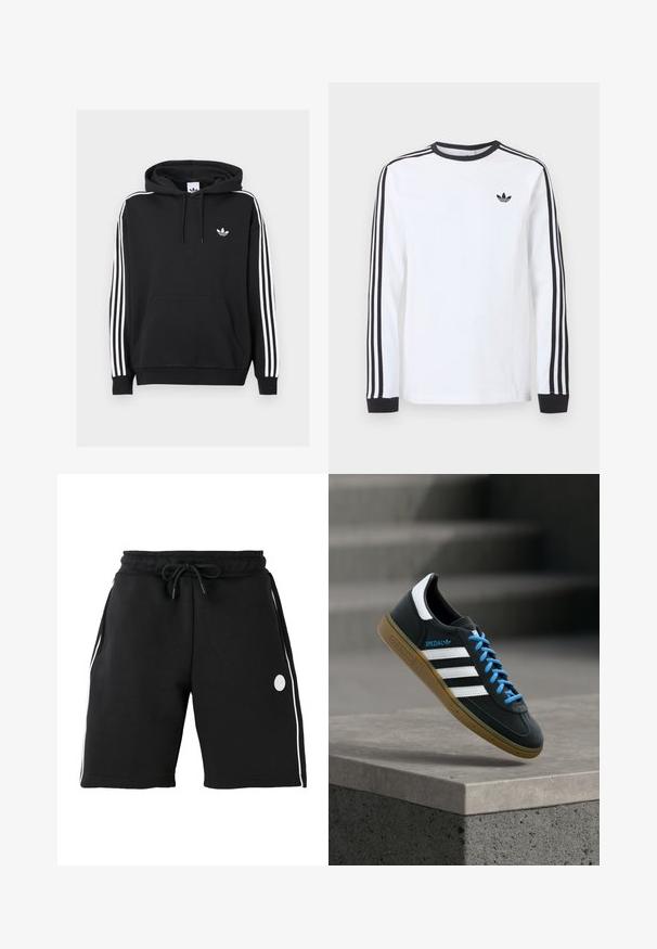 Sort hættetrøje lavet af bomuld med en forlommeklud, hvidt tre-stribe design på ærmerne og lille hvidt logo på brystet.; Hvid langærmet Adidas-trøje med sort rund hals, sorte manchetter, tre sorte striber ned langs ærmerne og sort trekløverlogo på brystet.; Sorte knælange shorts med elastisk linning og snøre, hvide verticale sidestriber og lille rundt logo på venstre lår.; Sort Adidas sneaker med hvide striber, blå snørebånd og gummisål, der svæver over gråt betontrin i blødt lys.