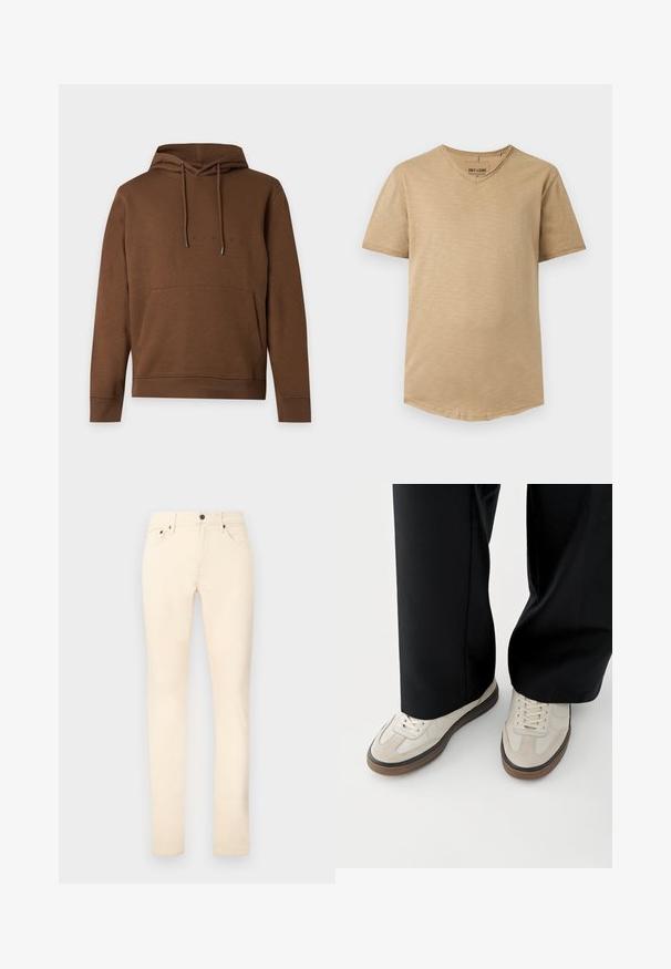 Sweat à capuche marron avec poche avant et cordon de serrage, avec un texte noir discret sur la poitrine sur un fond uni clair.; T-shirt beige homme à manches courtes et col en V, coupe slim et texture subtile, présenté à plat sur fond blanc.; Pantalon beige ajusté avec poches avant et poche monnaie, passants pour ceinture et fermeture bouton.; Pieds portant des baskets beige avec des semelles marron et un pantalon noir à jambes larges sur fond blanc.