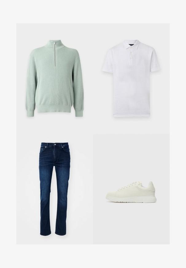 Lichtgroene geribbelde gebreide trui met lange mouwen en een korte ritssluiting aan de voorkant bij de hoge kraag op een effen achtergrond.; Wit poloshirt met korte mouwen, drieknops knoopsluiting en standaardkraag, weergegeven tegen een neutrale achtergrond.; Donkerblauwe spijkerbroeken met een recht model, voorzien van een klassiek vijf-pocket ontwerp en subtiele stikseldetails.; Witte leren sneaker met een textuur bovenkant, ronde neus, vlakke witte zool en tonale veters. Subtiele branding op de tong.