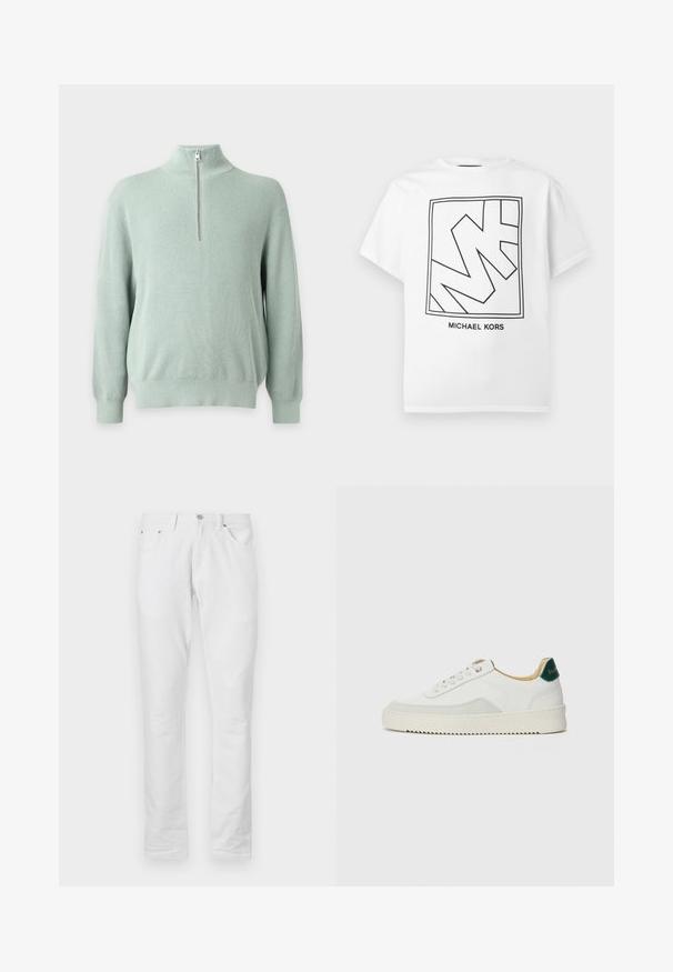 Pull en tricot côtelé vert clair avec manches longues et une courte fermeture éclair devant au col montant sur un fond uni.; T-shirt en coton blanc avec un logo géométrique noir dans un encadré rectangulaire et le texte "MICHAEL KORS" en dessous.; Pantalon en denim blanc avec une coupe droite. Il comporte cinq poches, une fermeture frontale par bouton et une texture lisse et élégante.; Baskets blanches avec des accents en daim, bout arrondi, lacets plats et semelle en caoutchouc crème. Présente une marque verte sur le talon.