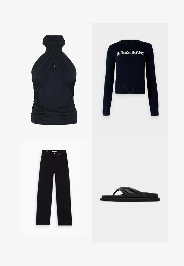 Guess Jeans INTARSIA - Striktrøje - daring ocean; Sort halterneck top lavet af blødt stof, med snoet design, rynket detalje ved taljen og en høj halsudskæring med looped finish.; Sorte denim jeans med lige pasform, fem lommer, kobberdetaljer og en glat tekstur. To mærker synlige på taljebåndet.; Sort flad sandal med polstret krydsrem og tåstolpe, minimalistisk design på ensfarvet lysegrå baggrund.