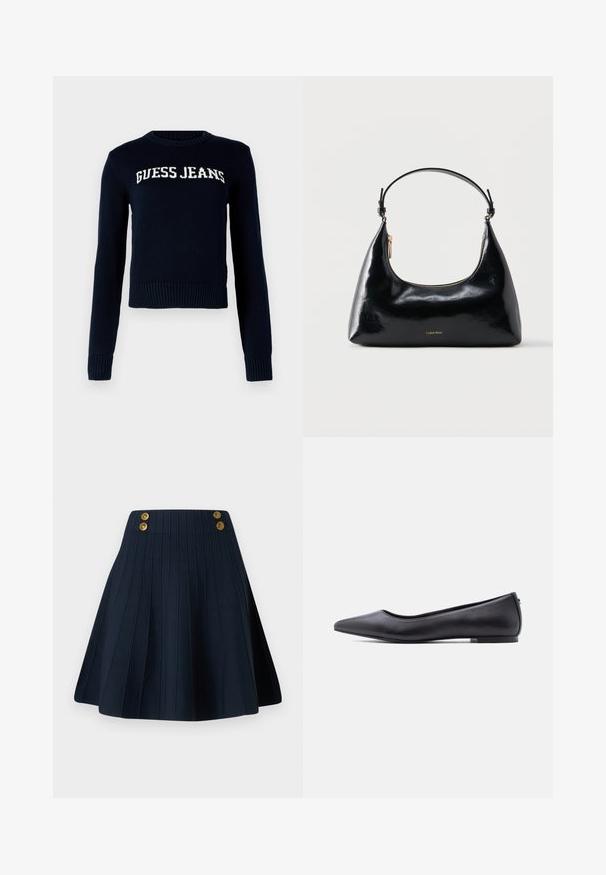 Guess Jeans INTARSIA - Džemper - daring ocean; Tumes plekitud seelik, millel on tekstureeritud kangas, kõrge talje ja kaks kuldset nuppu ees, luues puhta joone ja struktureeritud kuju.; Must nahkjala kinga madala kontsaga, külgvaates valge tausta ees.; Musta läikiv Calvin Kleini käekott kuldse luku ja lühikese rihmaga valgel taustal.